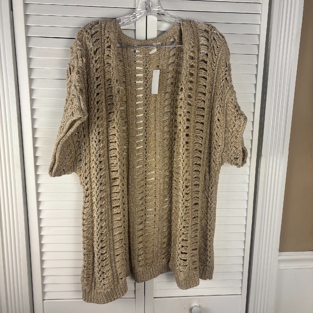 NWT Soft Surroundings Tan Open Crochet Knit Chunky Short Sleeve Cardigan OS